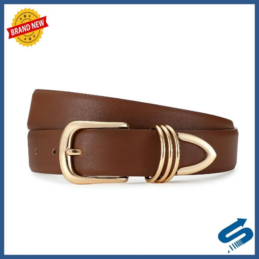 Faux Leather Belt with Gold Buckle 7 Holes Adjustable Fit